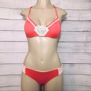 Lucky Brand Crochet Coral Bikini Strapy Back M